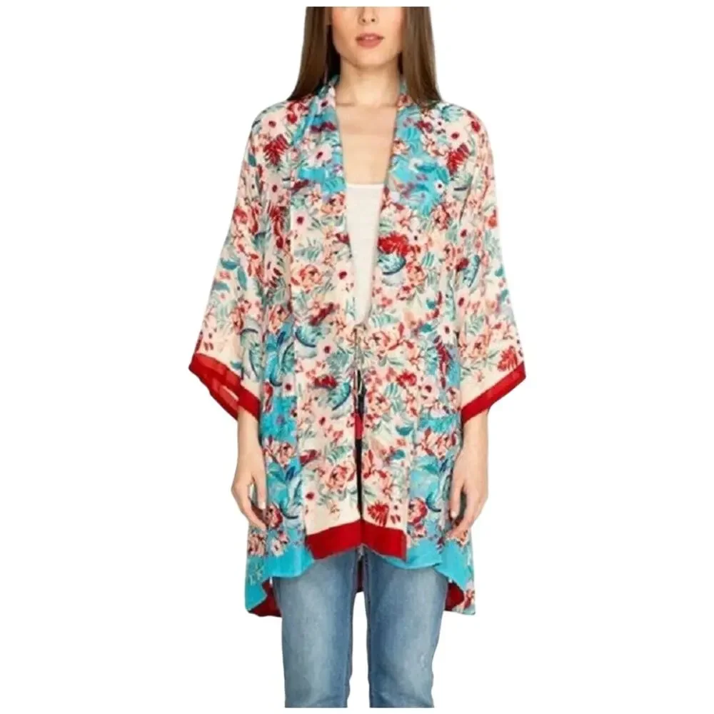Johnny Was Jade Printed Blue Red Floral Print Cupra Rayon Kimono With Tie Medium